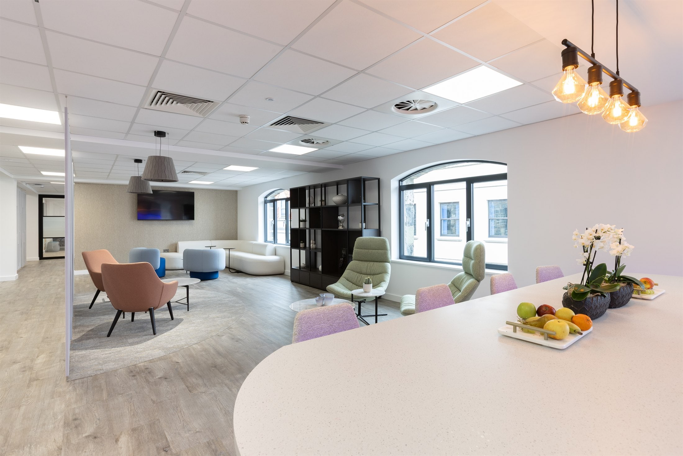 An open workspace with collaborative areas completed by POS Interiors at Le Marchant House