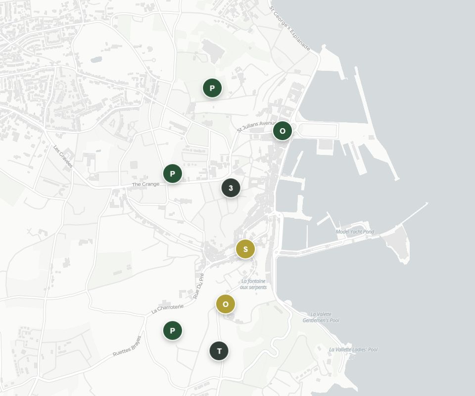 Clean CARTO Positron map of St Peter Port with illustrative Office Market Watch markers